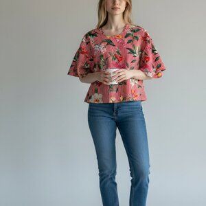 Zara Basic Red & White Striped Floral Bell Sleeve Top With Tie Back Detail Size